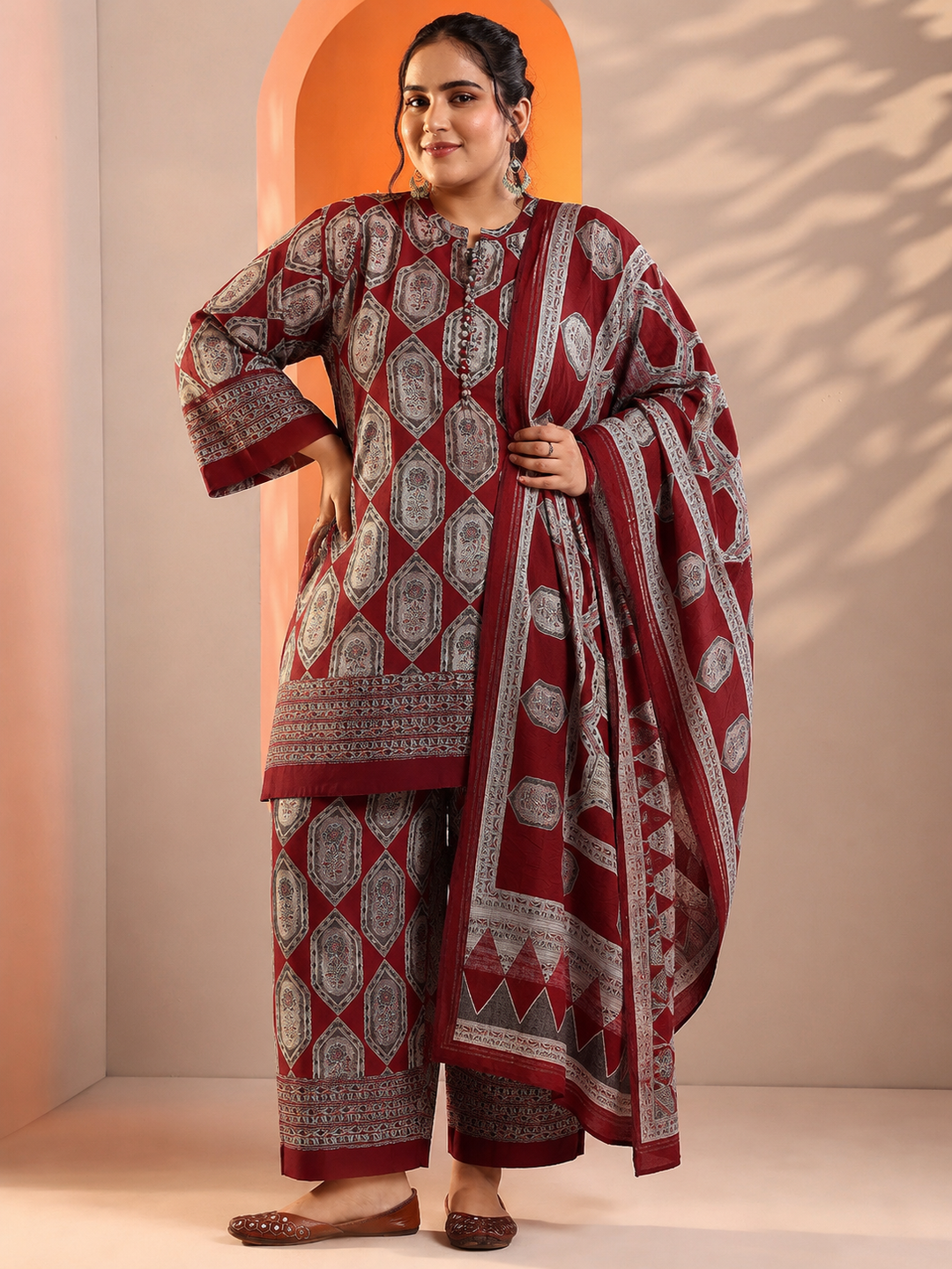  Plus Size Red Printed Silk Blend Straight Suit Set 