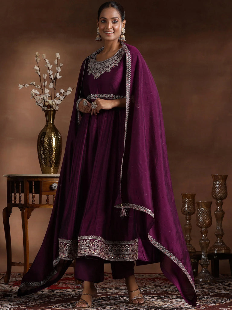 Libas Wine Yoke Design Silk Blend Anarkali Suit With Dupatta