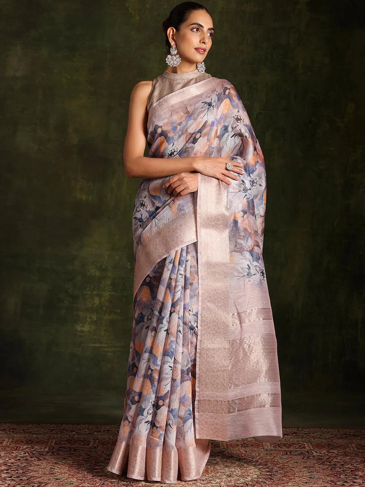 Blue Printed Silk Blend Saree With Unstitched Blouse Piece - Libas