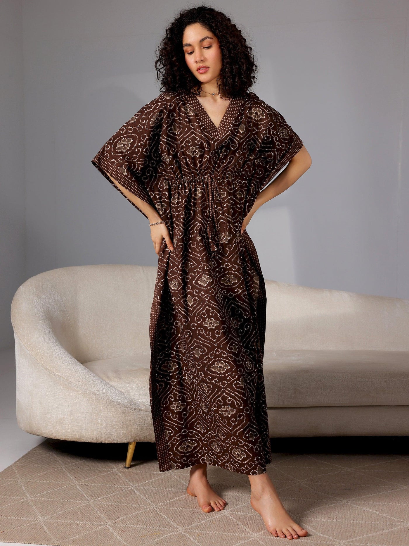 Brown Printed Cotton Kaftan Night Dress - Libas