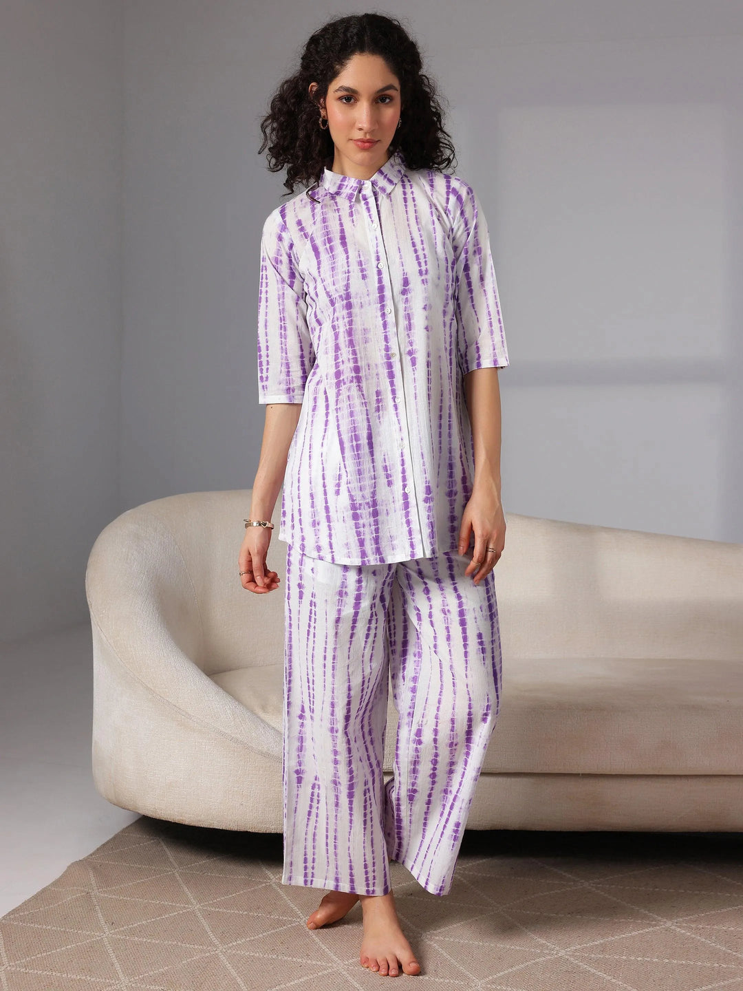 Purple Printed Cotton Night Suits - Libas 