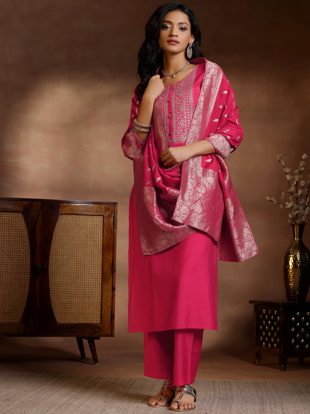 Pink Yoke Design Silk Blend Straight Suit Set With Dupatta