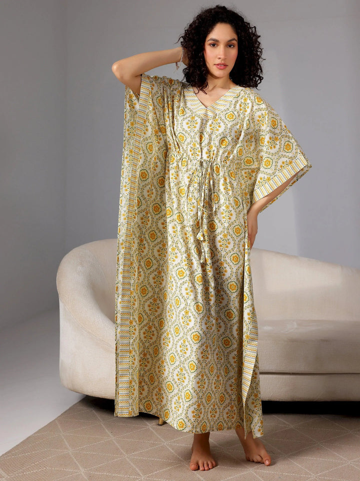 Yellow Printed Cotton Kaftan Night Dress - Libas