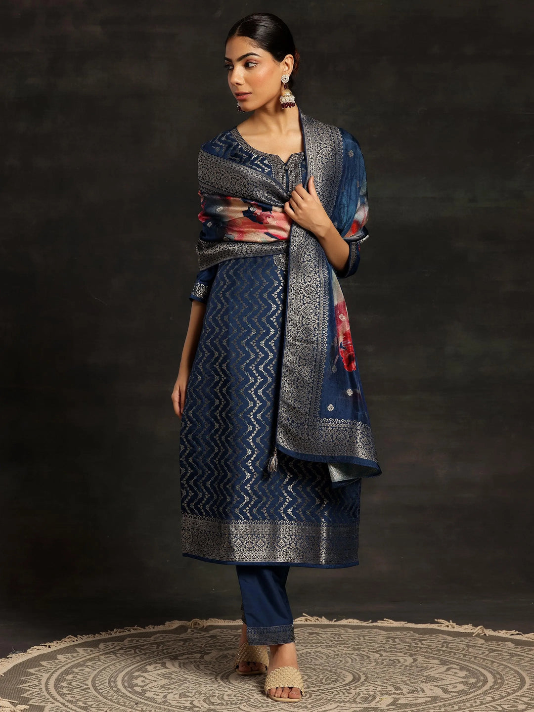 Blue Woven Design Silk Blend Straight Suit With Dupatta - Libas 