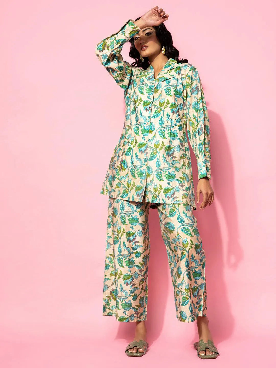 Beige Printed Silk Blend Co-Ords - Libas 
