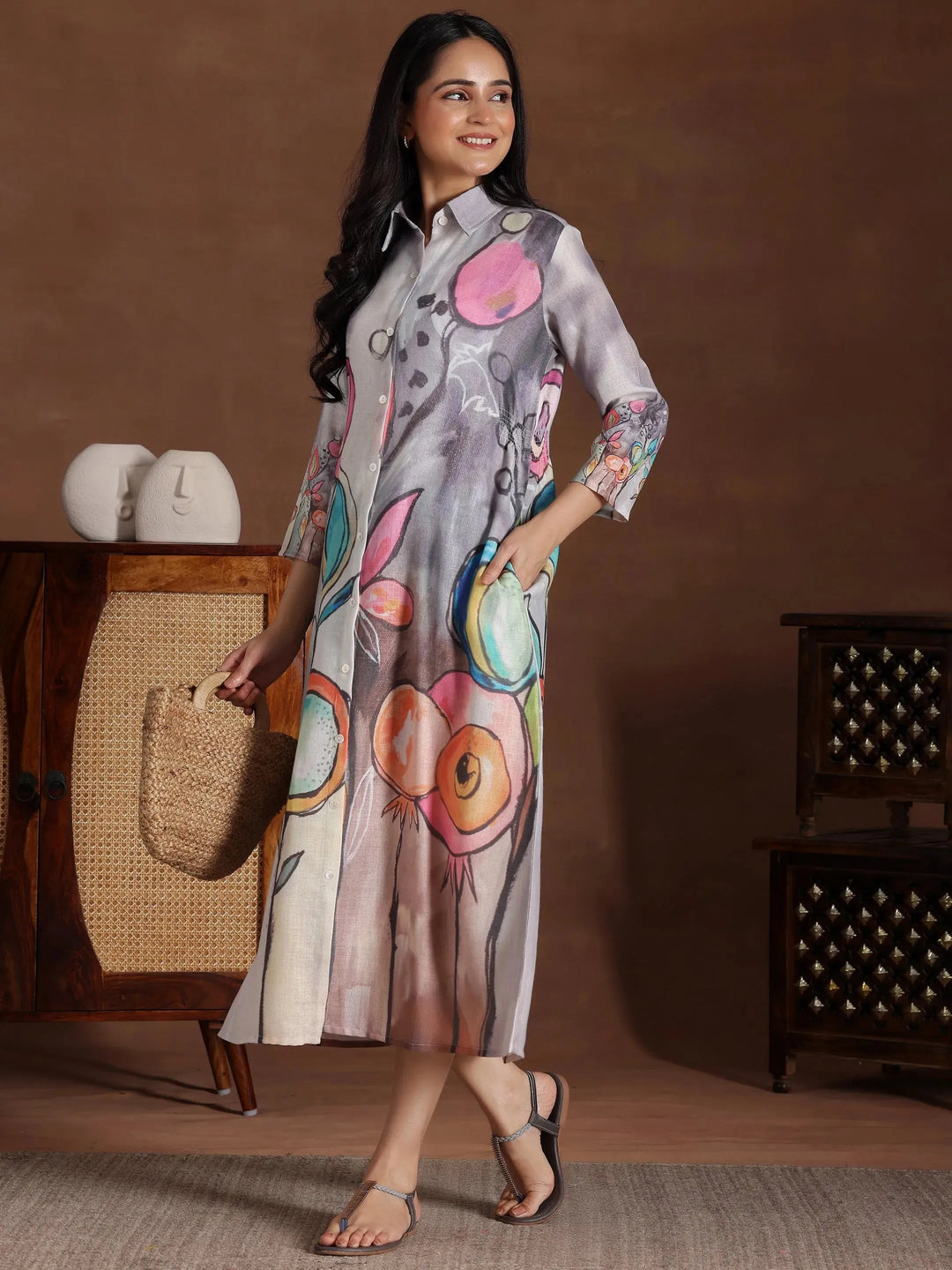  Grey Printed Cotton Blend Shirt Dress 