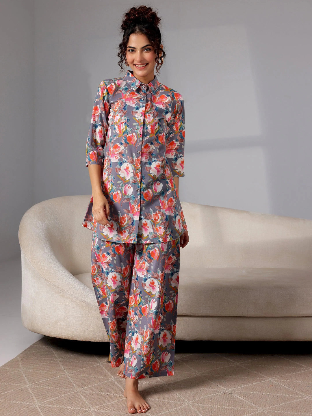 Grey Printed Cotton Night Suits - Libas 