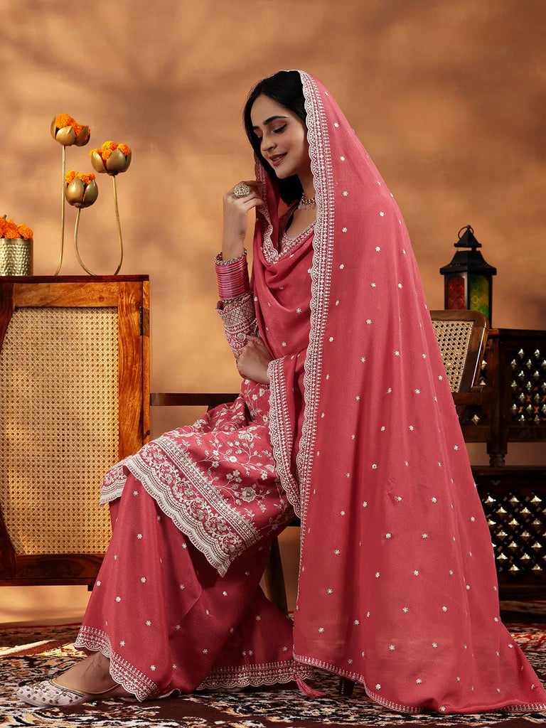 Libas Coral Embroidered Silk Blend Straight Suit With Dupatta