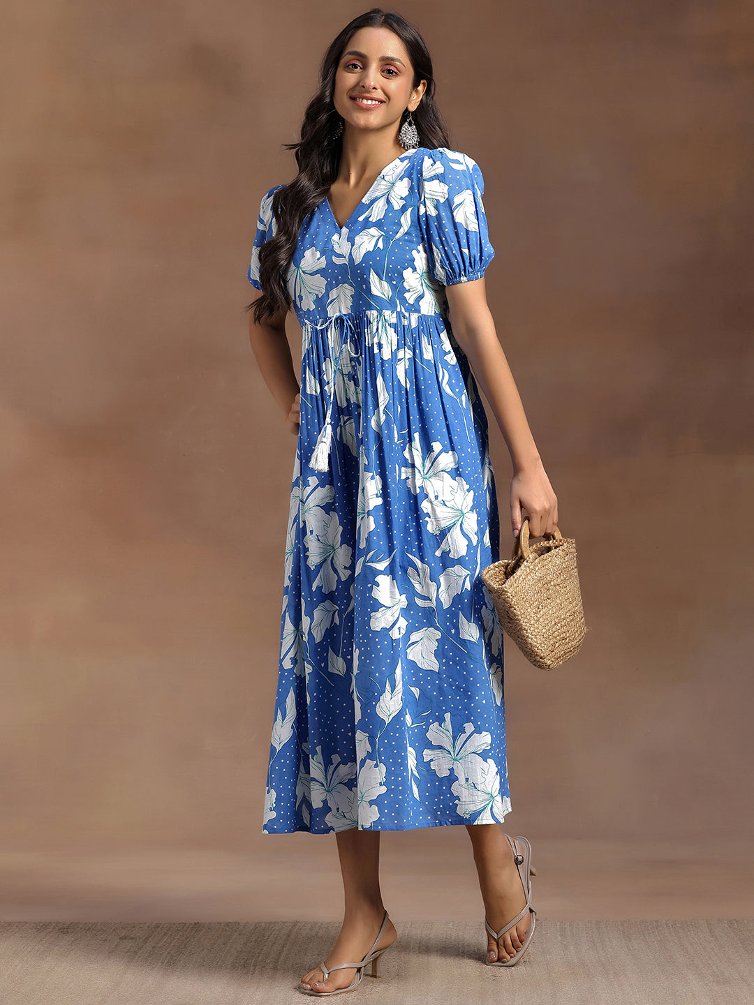  Blue Printed Cotton Fit and Flare Dress 