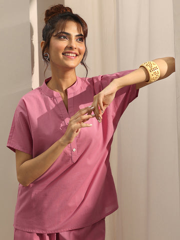 Pink Solid Cotton Night Suits