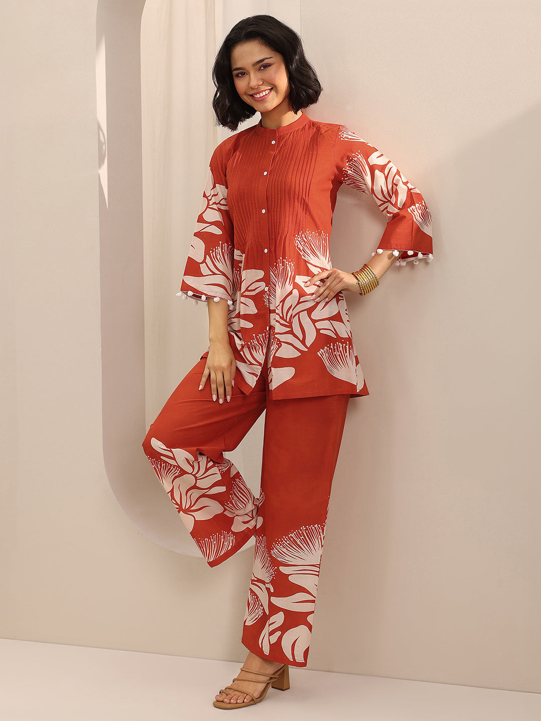Orange Printed Cotton Co-Ord Sets-image-36