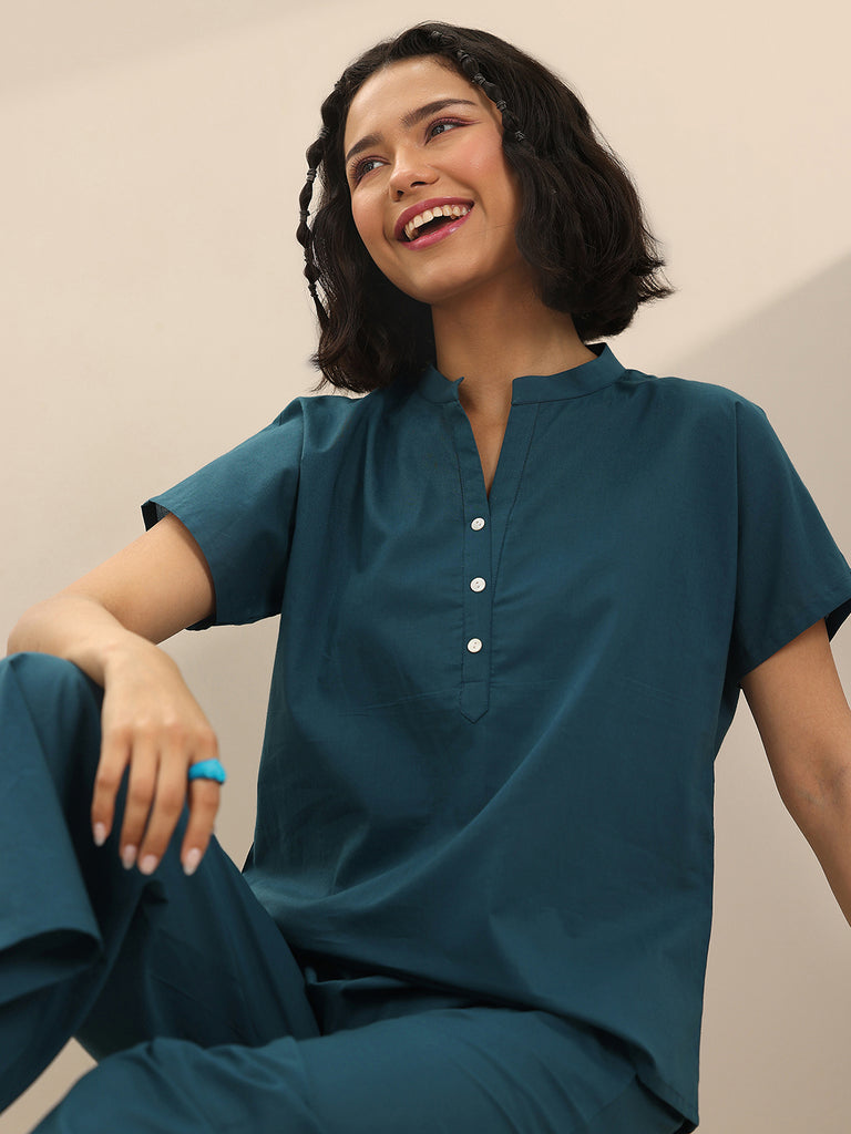 Libas Teal Solid Cotton Night Suits