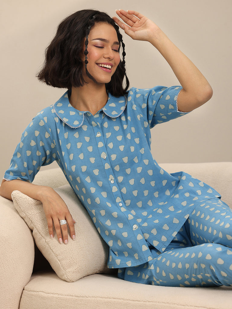 Libas Blue Printed Cotton Night Suits