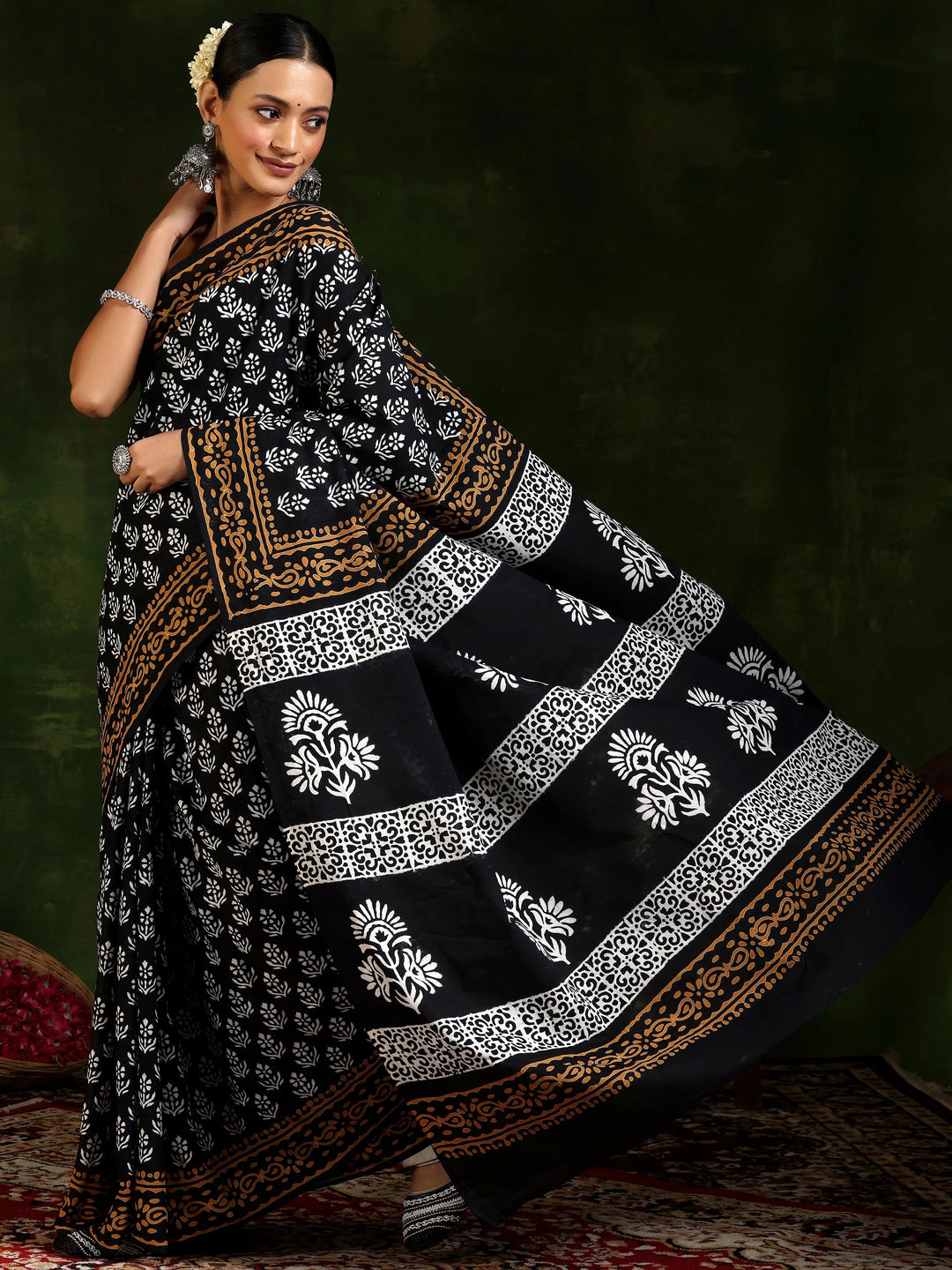  Black Printed Cotton Saree With Unstitched Blouse Piece 