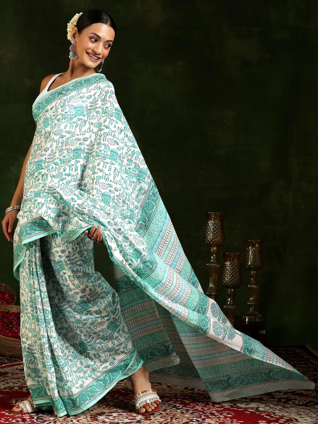  Off White Printed Cotton Saree With Unstitched Blouse Piece 