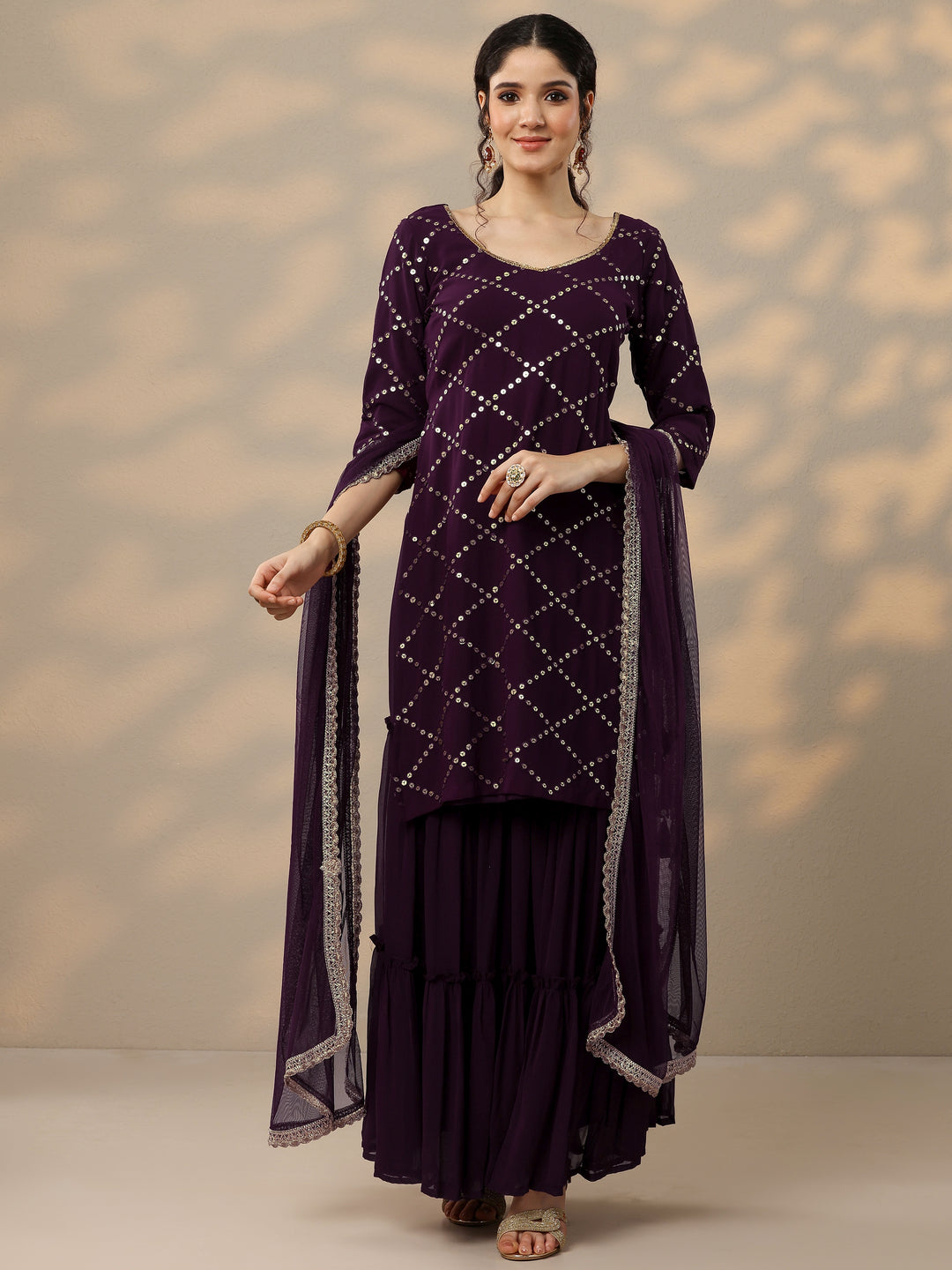  Purple Embroidered Georgette Straight Sharara Suit Set With Dupatta 
