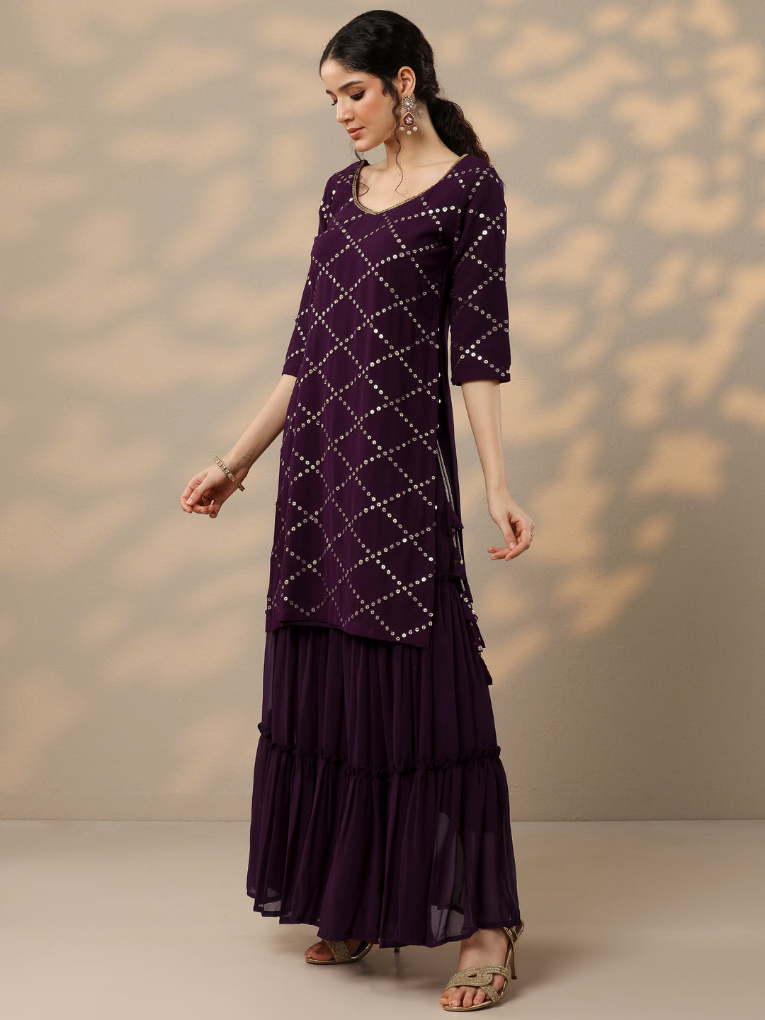  Purple Embroidered Georgette Straight Sharara Suit Set With Dupatta 