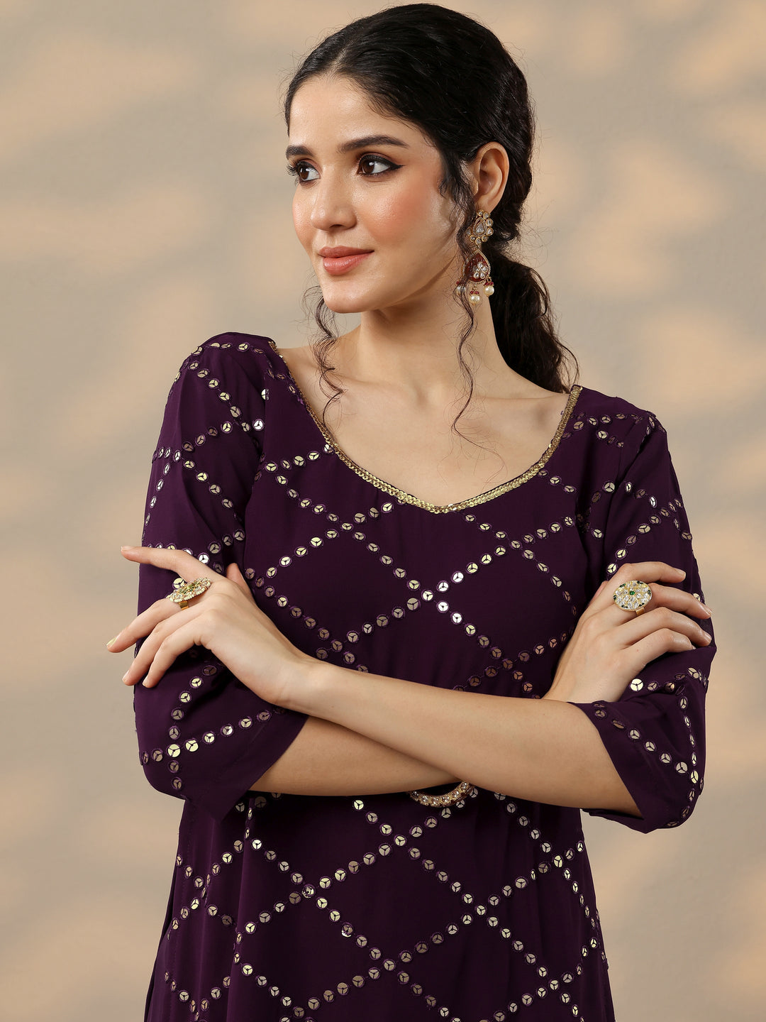  Purple Embroidered Georgette Straight Sharara Suit Set With Dupatta 