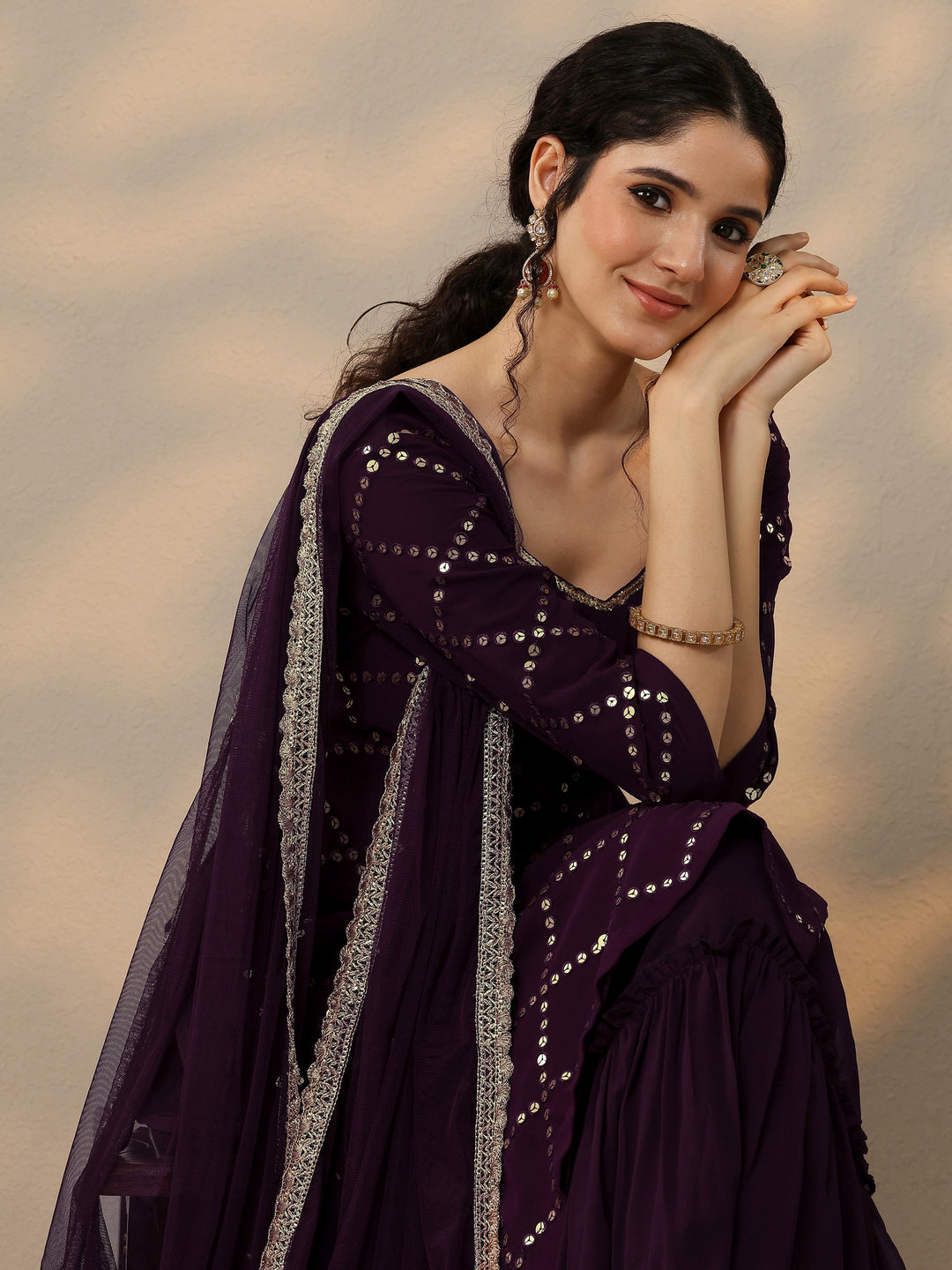 Purple Embroidered Georgette Straight Sharara Suit Set With Dupatta