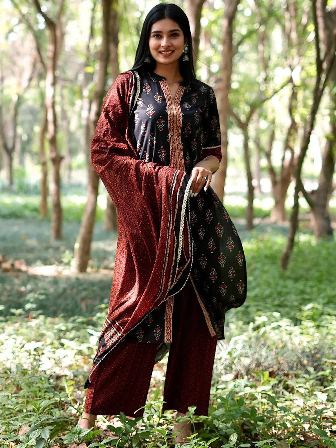 Black Printed Cotton Straight Kurta With Palazzos & Dupatta - Libas