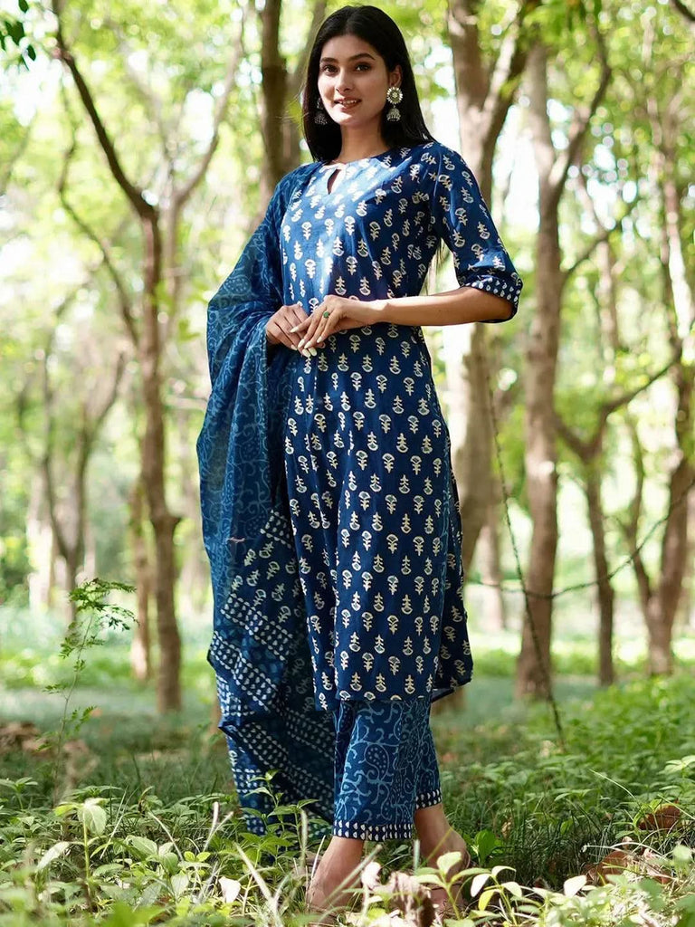 Libas Blue Printed Cotton Straight Kurta With Palazzos & Dupatta