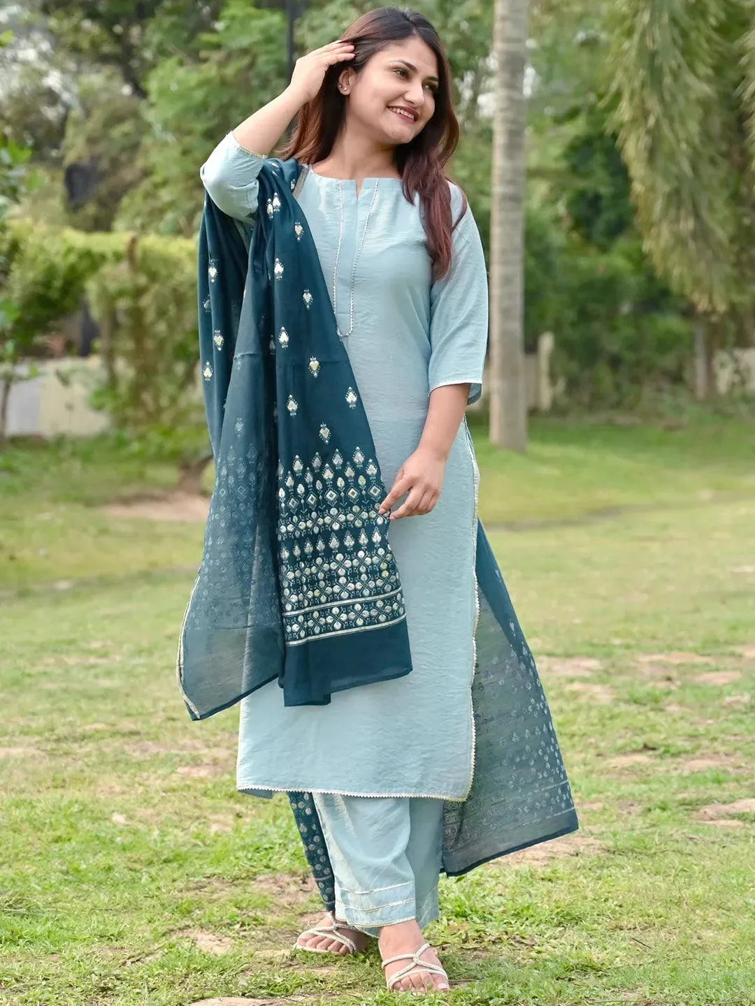 Grey Solid Chanderi Silk Straight Kurta With Palazzos & Dupatta