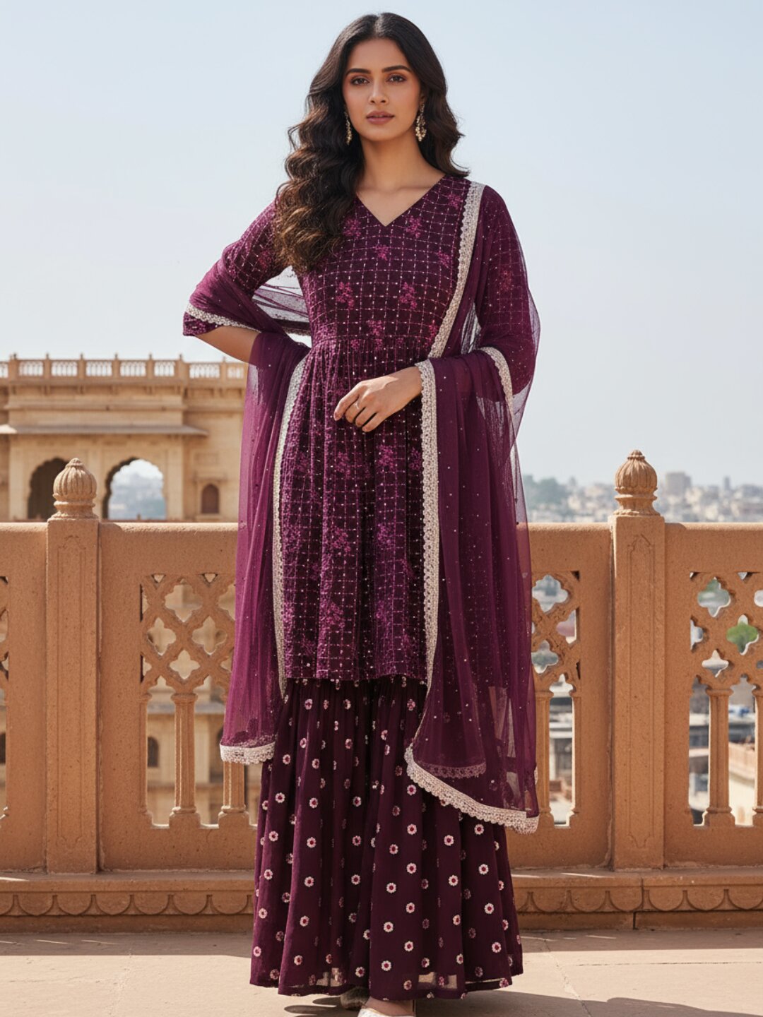 Purple Embroidered Georgette A-Line Sharara Suit Set With Dupatta