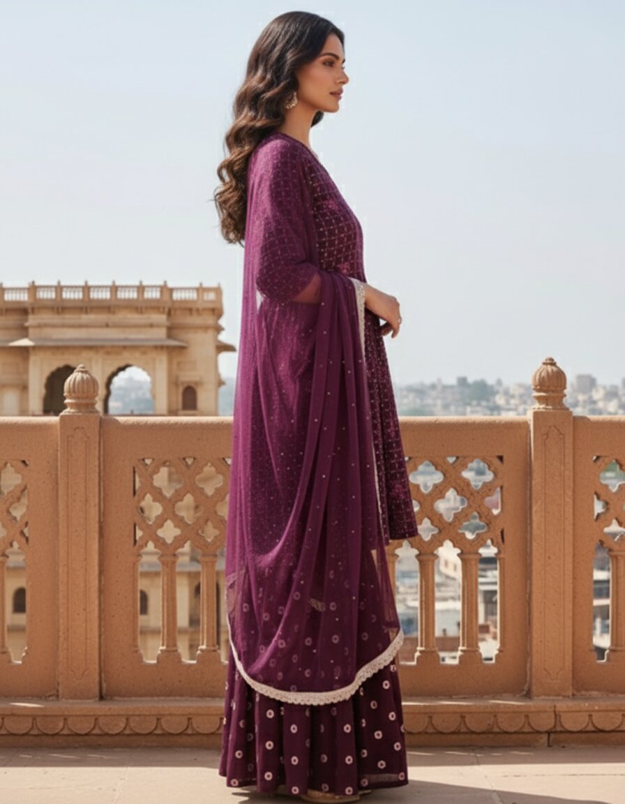  Purple Embroidered Georgette A-Line Sharara Suit Set With Dupatta 