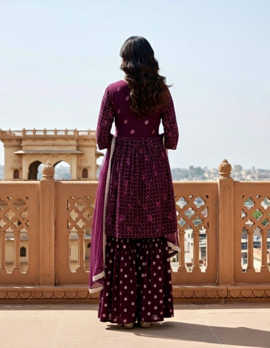  Purple Embroidered Georgette A-Line Sharara Suit Set With Dupatta 