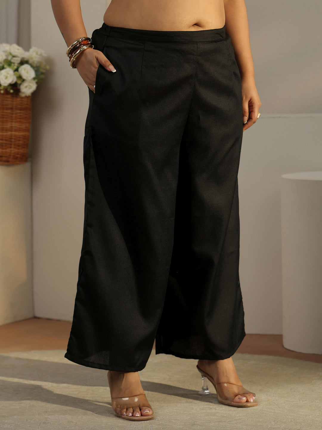  Plus Size Black Solid Cotton Straight Kurta With Palazzos & Dupatta 