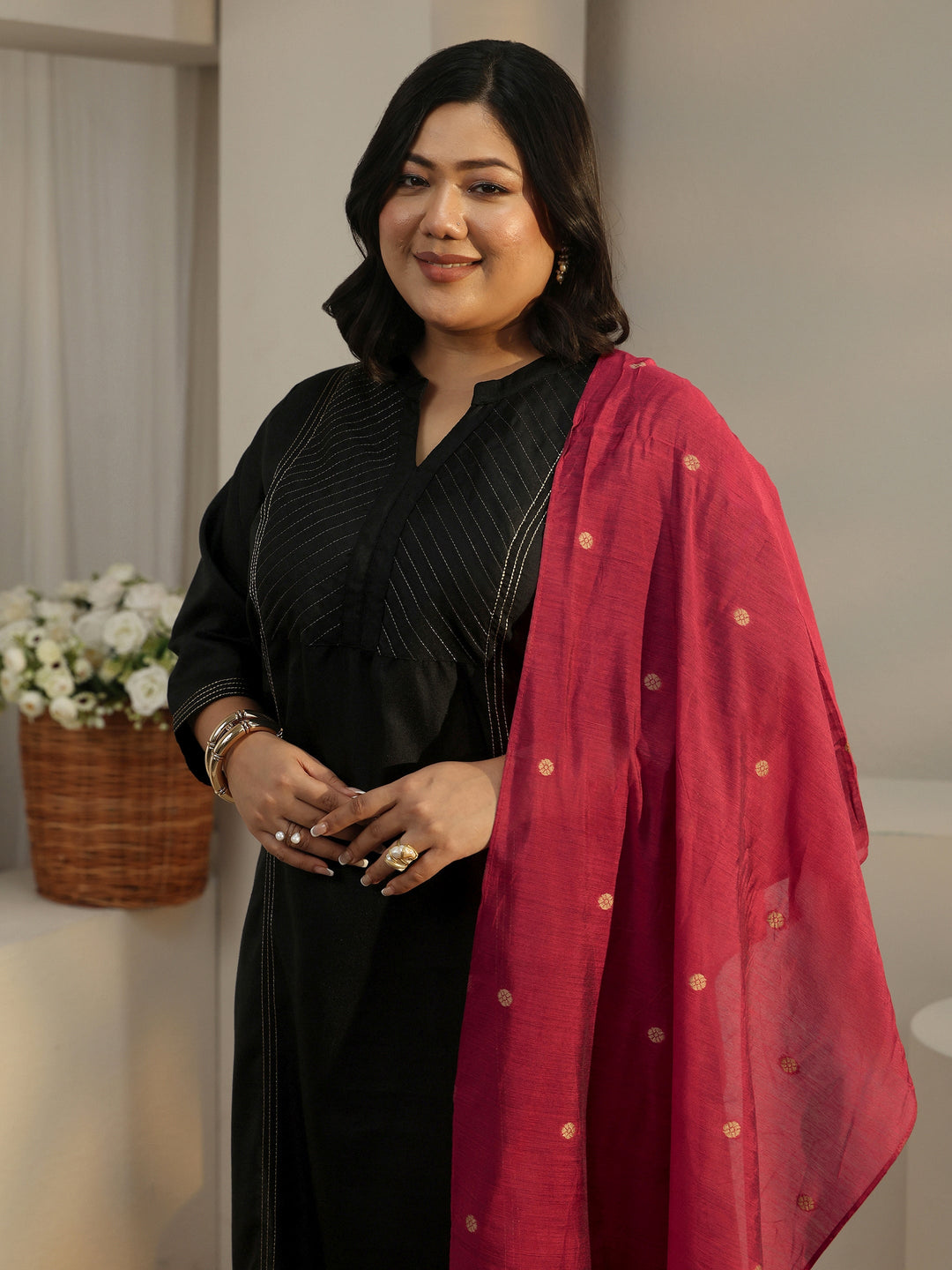  Plus Size Black Solid Cotton Straight Kurta With Palazzos & Dupatta 