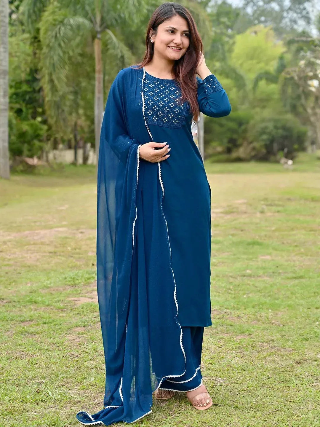 Blue Embroidered Rayon Straight Kurta With Palazzos & Dupatta - Libas