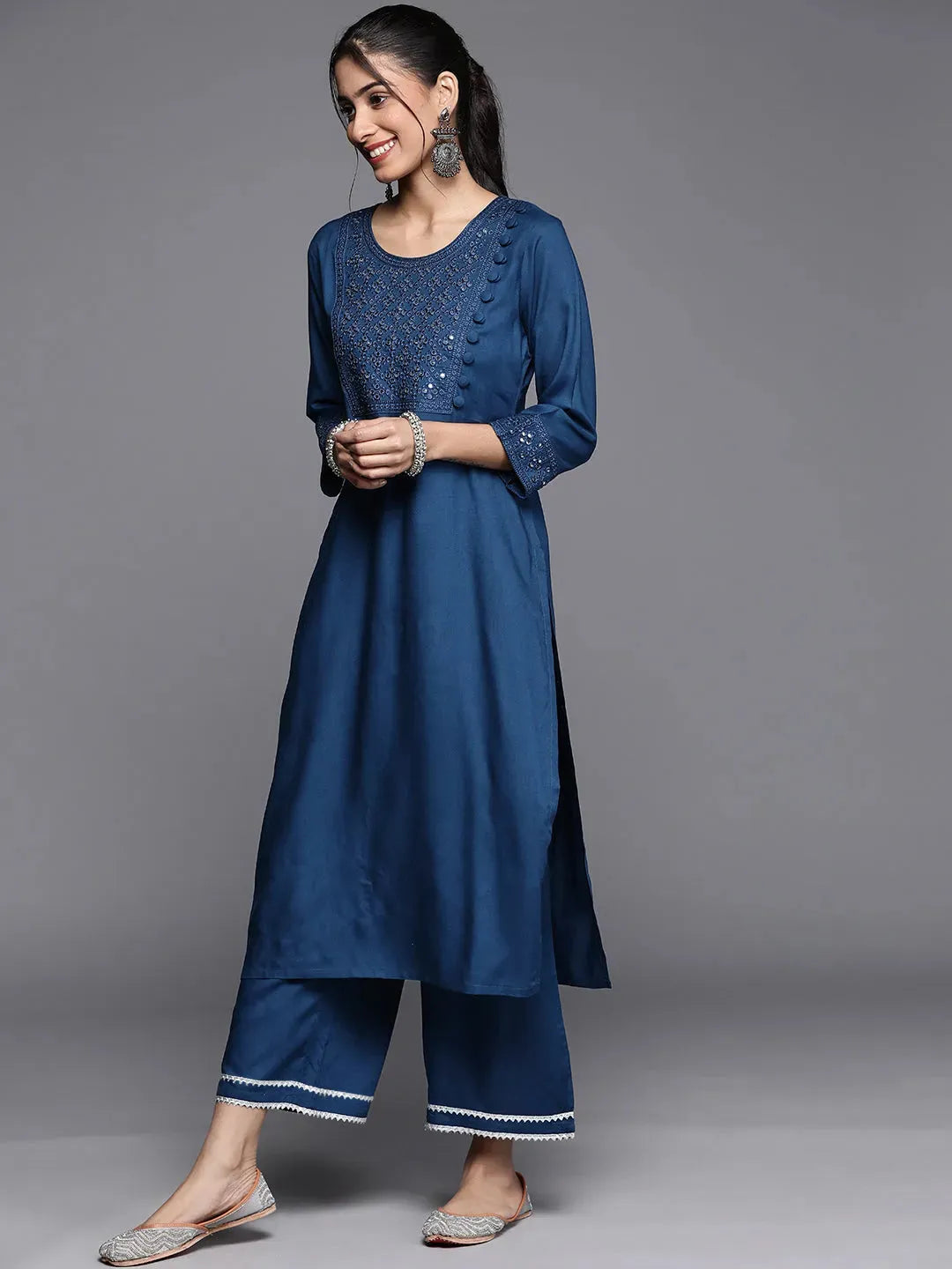  Blue Embroidered Rayon Straight Kurta With Palazzos & Dupatta 