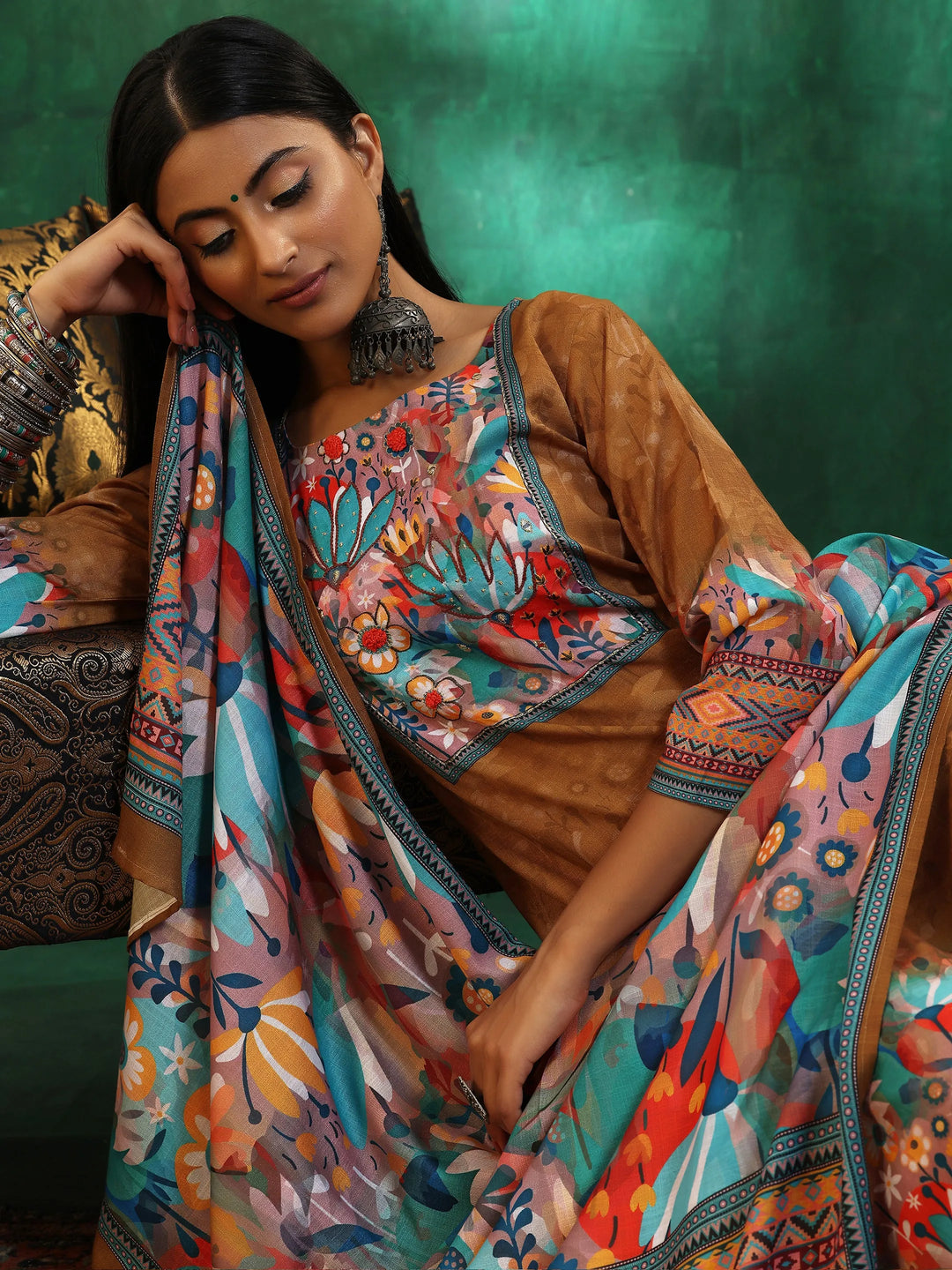  Mustard Printed Linen Straight Suit With Dupatta 