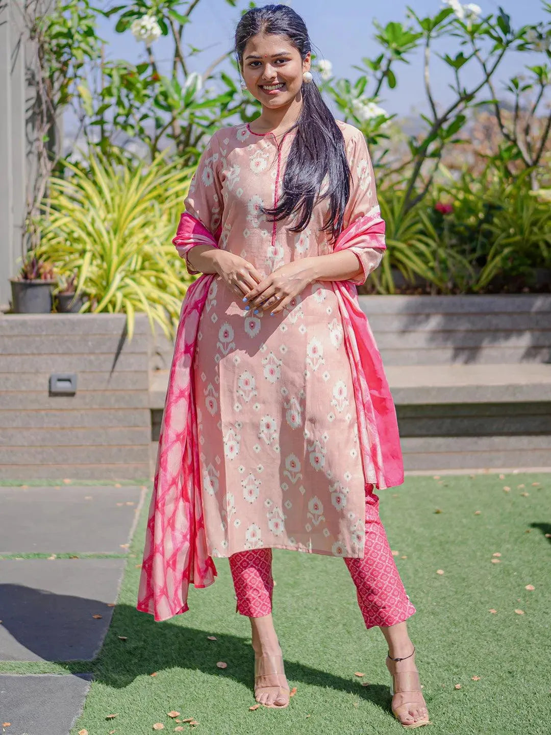 Pink Printed Silk Blend Straight Kurta With Trousers & Dupatta - Libas