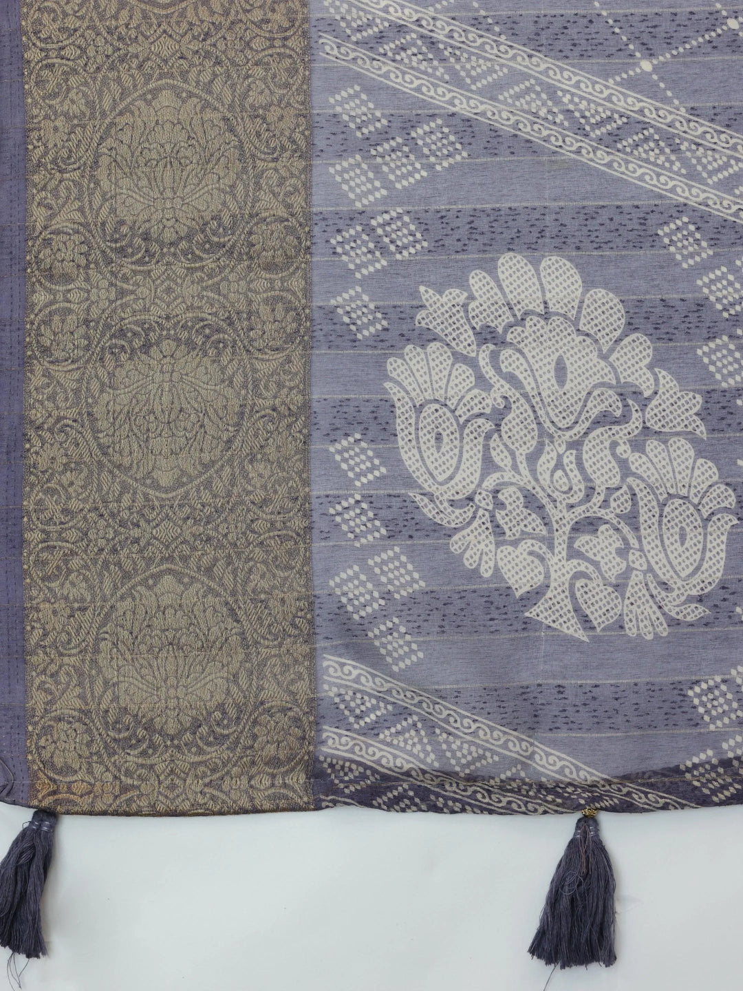 Blue Lilac Printed Silk Blend Saree With Unstitched Blouse Piece - Libas 