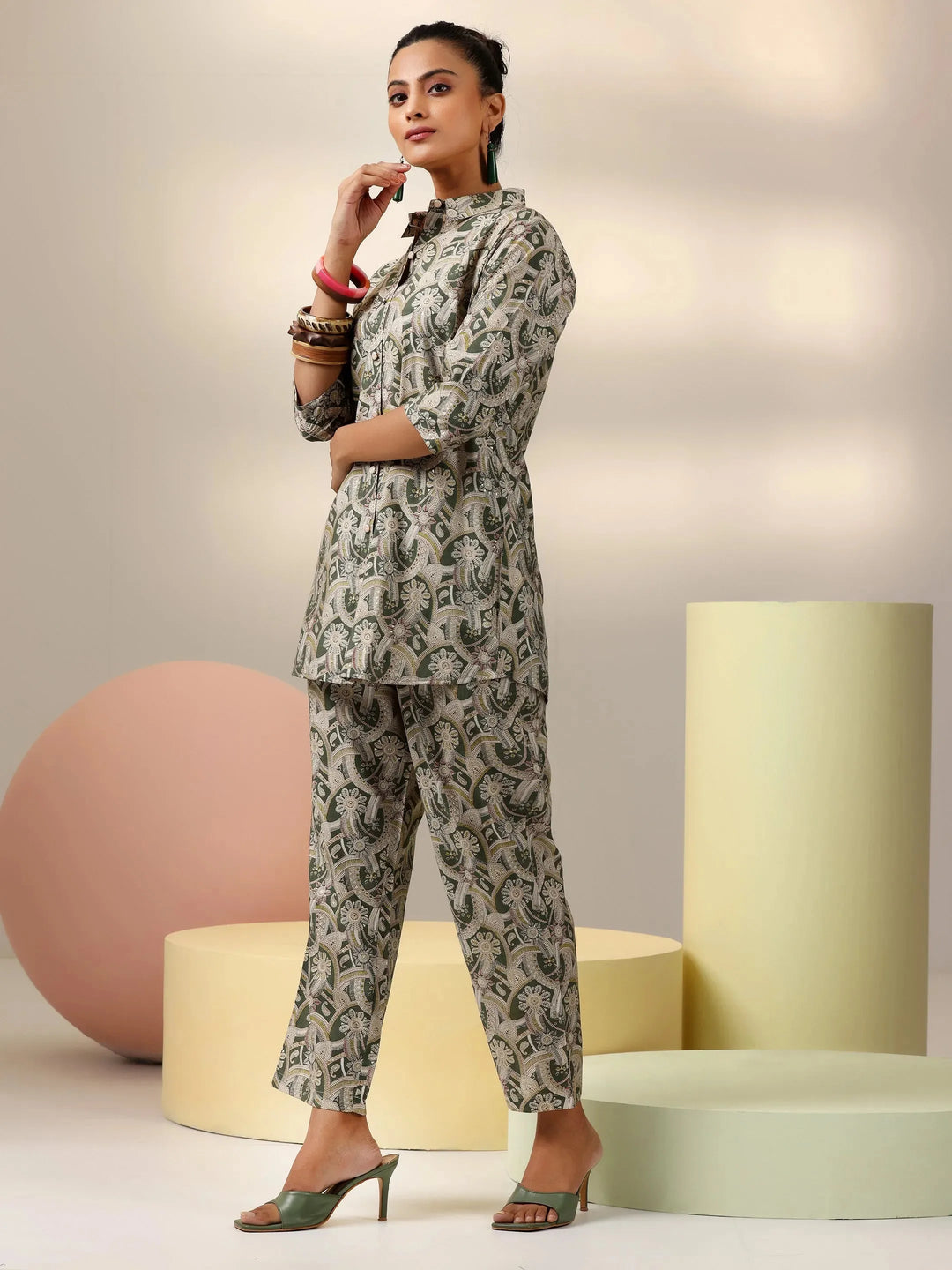  Green Printed Silk Blend Co-Ords 