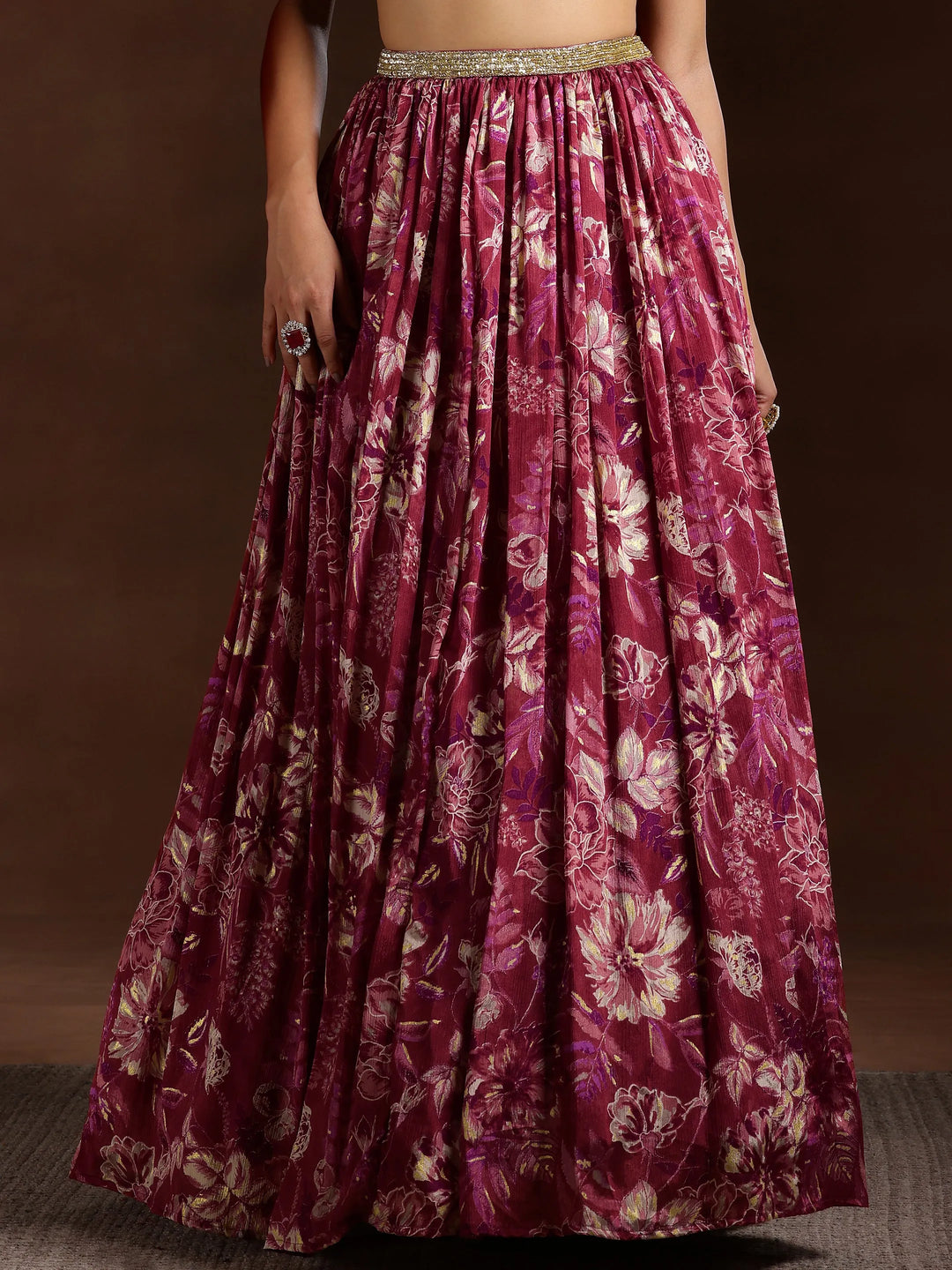  Libas Art Maroon Hand Embroidered Chinon Chiffon Lehenga Set 