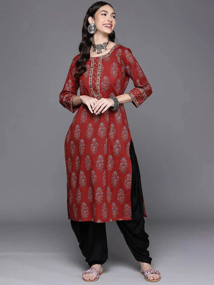 Maroon Printed Cotton Kurta - Libas