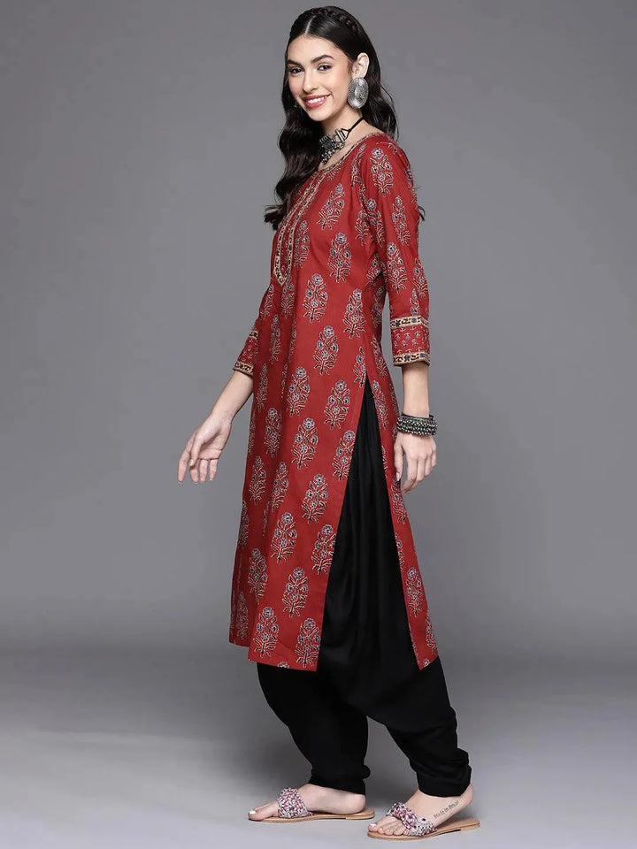Maroon Printed Cotton Kurta - Libas