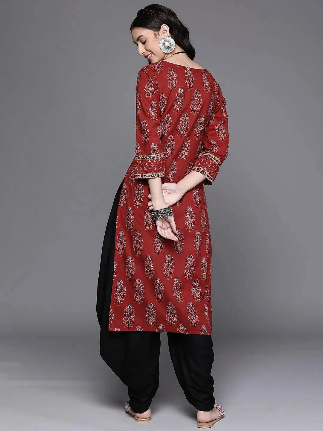 Maroon Printed Cotton Kurta - Libas 
