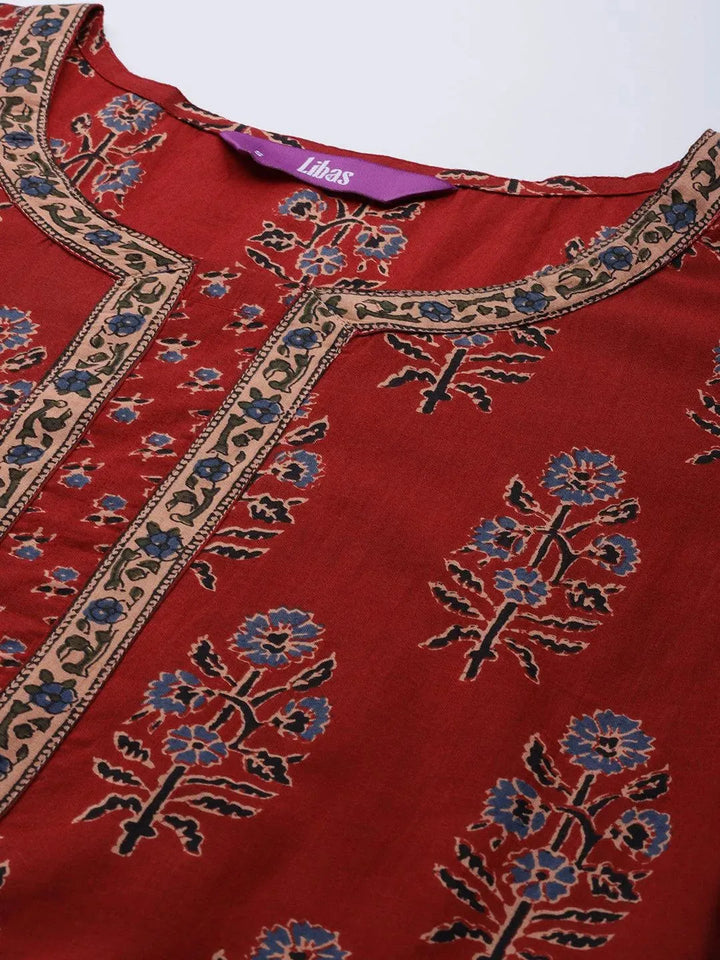 Maroon Printed Cotton Kurta - Libas