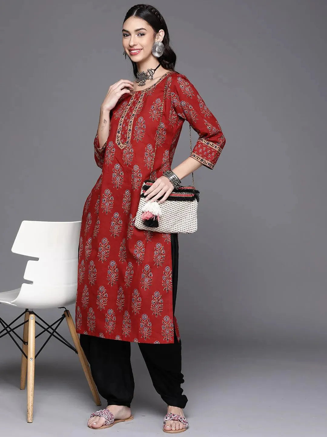 Maroon Printed Cotton Kurta - Libas