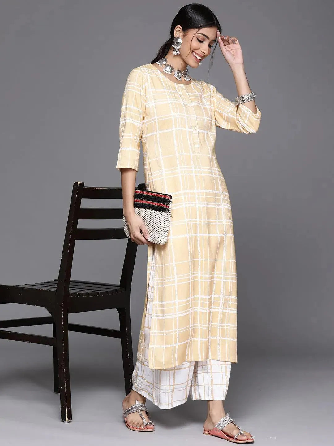 Yellow Printed Rayon Kurta - Libas 