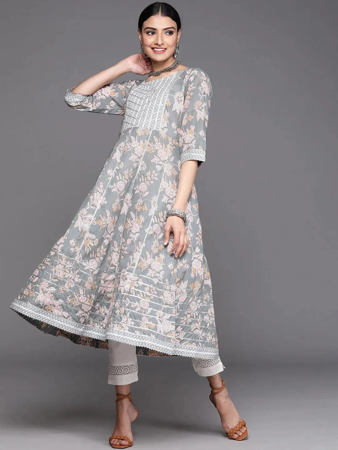 Grey Printed Cotton Kurta - Libas