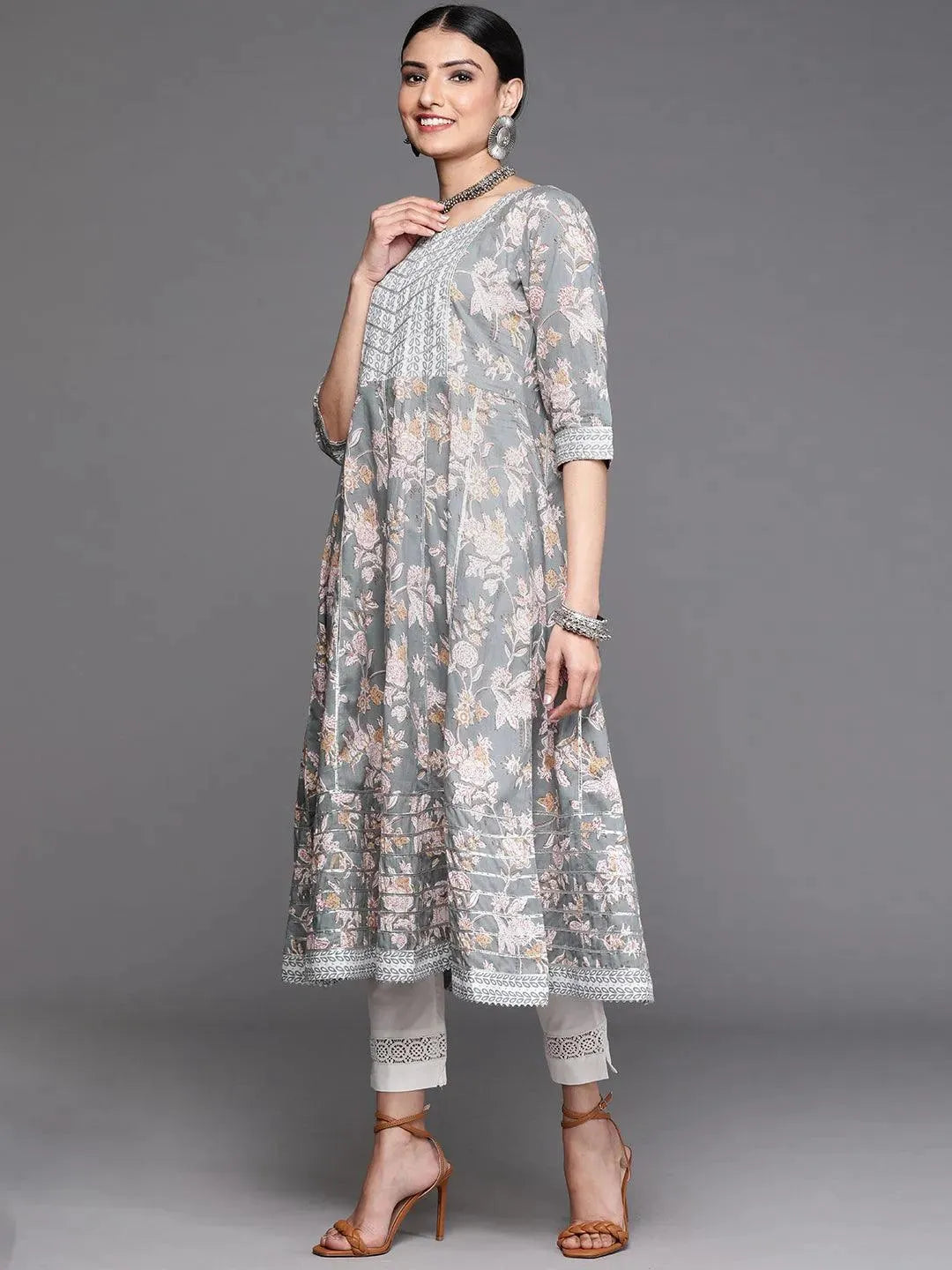 Grey Printed Cotton Kurta - Libas