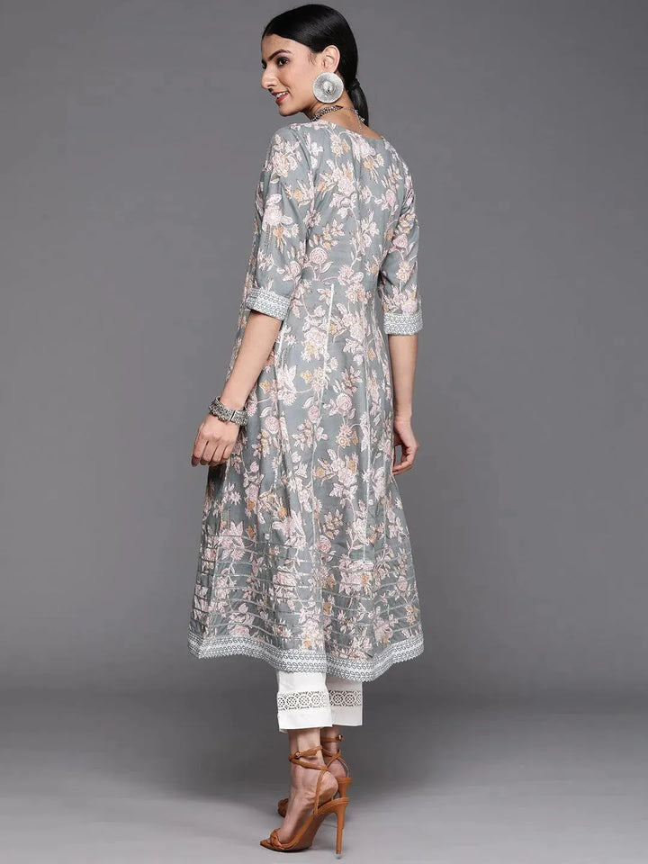 Grey Printed Cotton Kurta - Libas