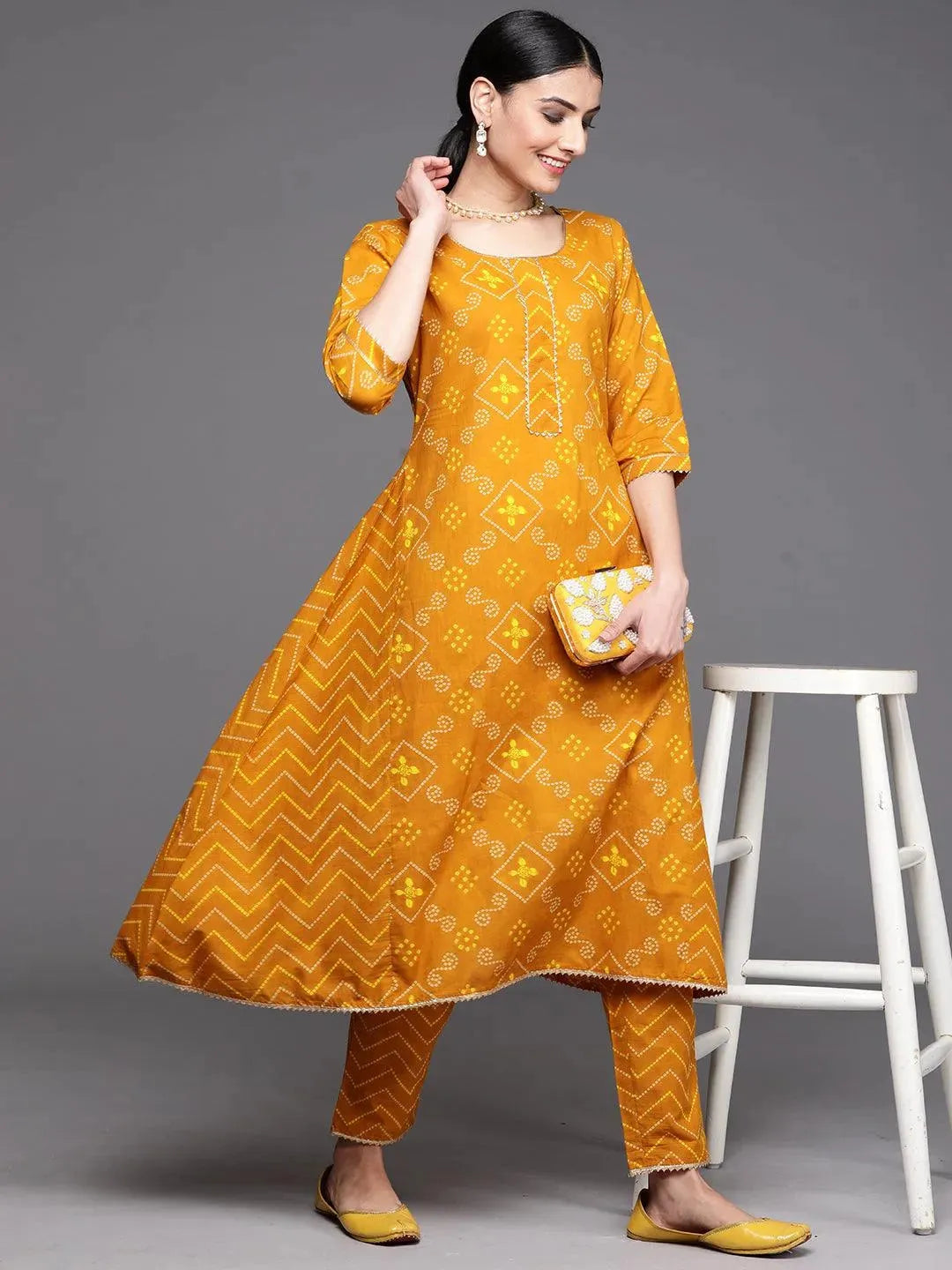 Mustard Printed Cotton Kurta - Libas