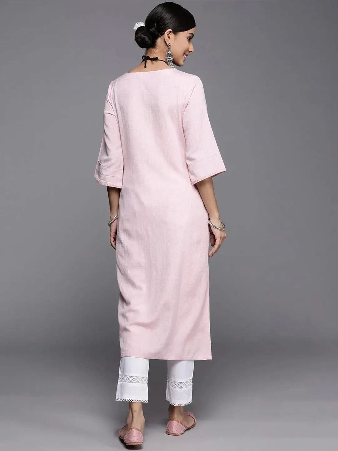 Pink Solid Rayon Kurta - Libas 