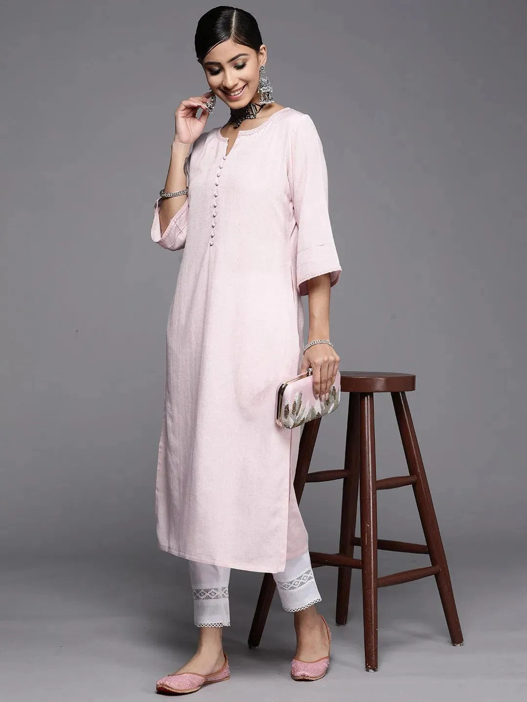 Pink Solid Rayon Kurta - Libas